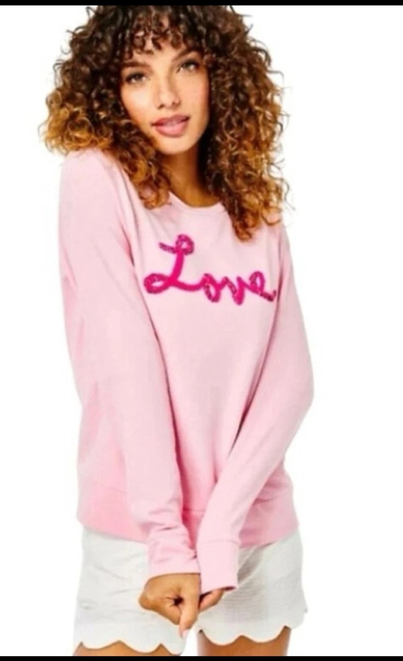 Lilly Pulitzer LOVE Pink Rami beaded Sweatshirt Small quiet luxury breast cancer